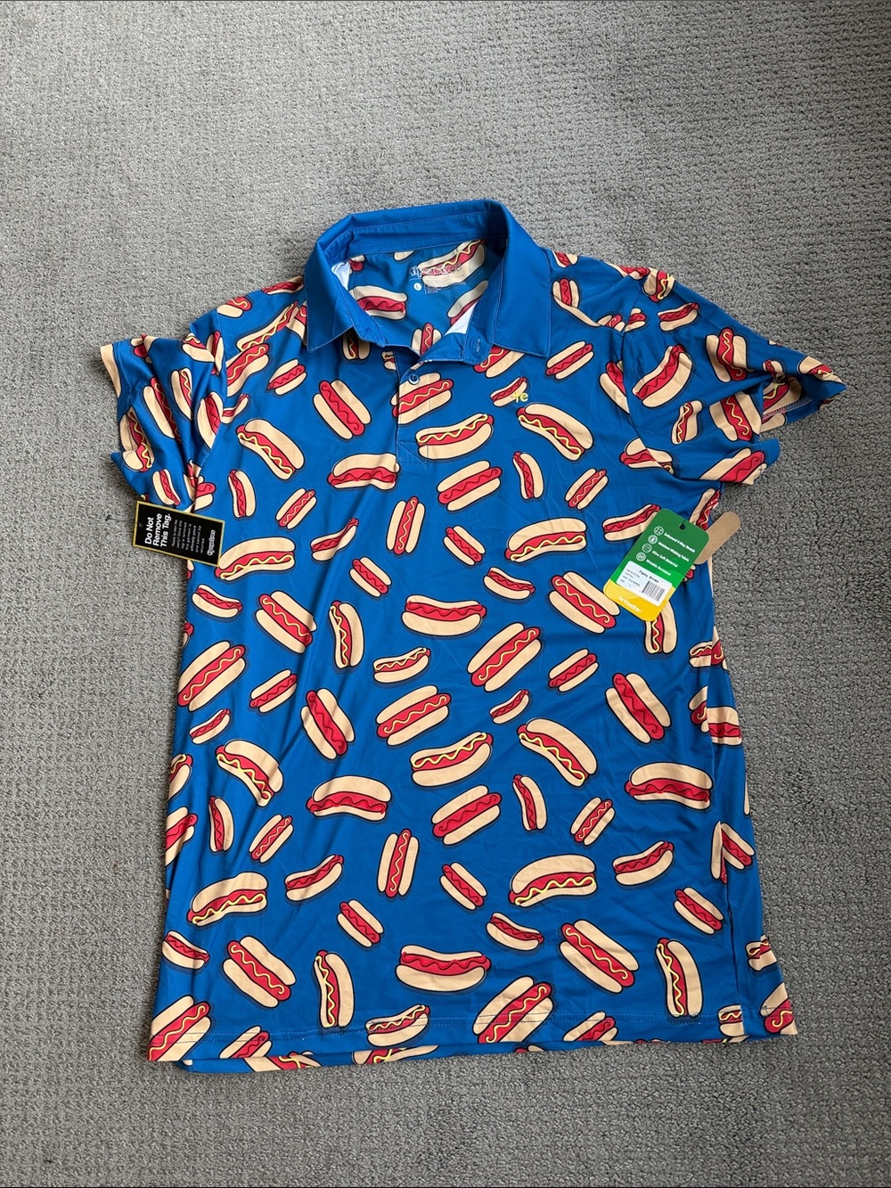 Tipsy Elves Blue Polo with Red & Cream Hot Dog Print